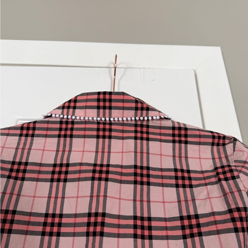 Burberry Pink Plaid Lace Trim Button Down Shirt Business Office - Picture 9 of 11